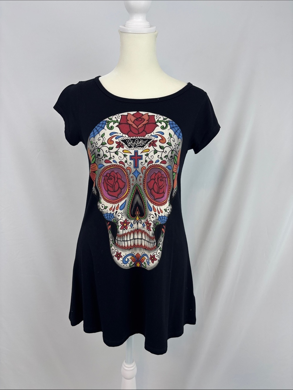 Ay Guey Sugar Skull Tee with Floral Detail